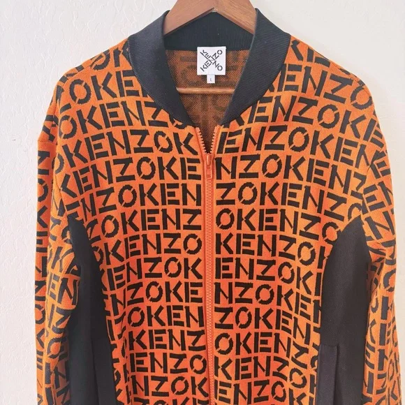 KENZO Monogram Print Flashy Colorful Designer Bomber Jacket In Orange Navy Blue - Picture 2 of 7